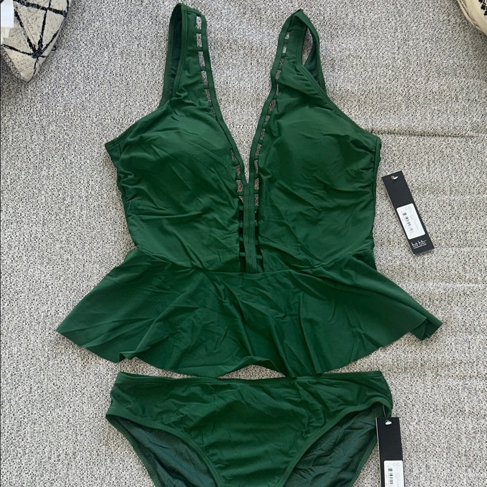 Nicole Miller Forest Green Peplum Two-Piece Swim Set